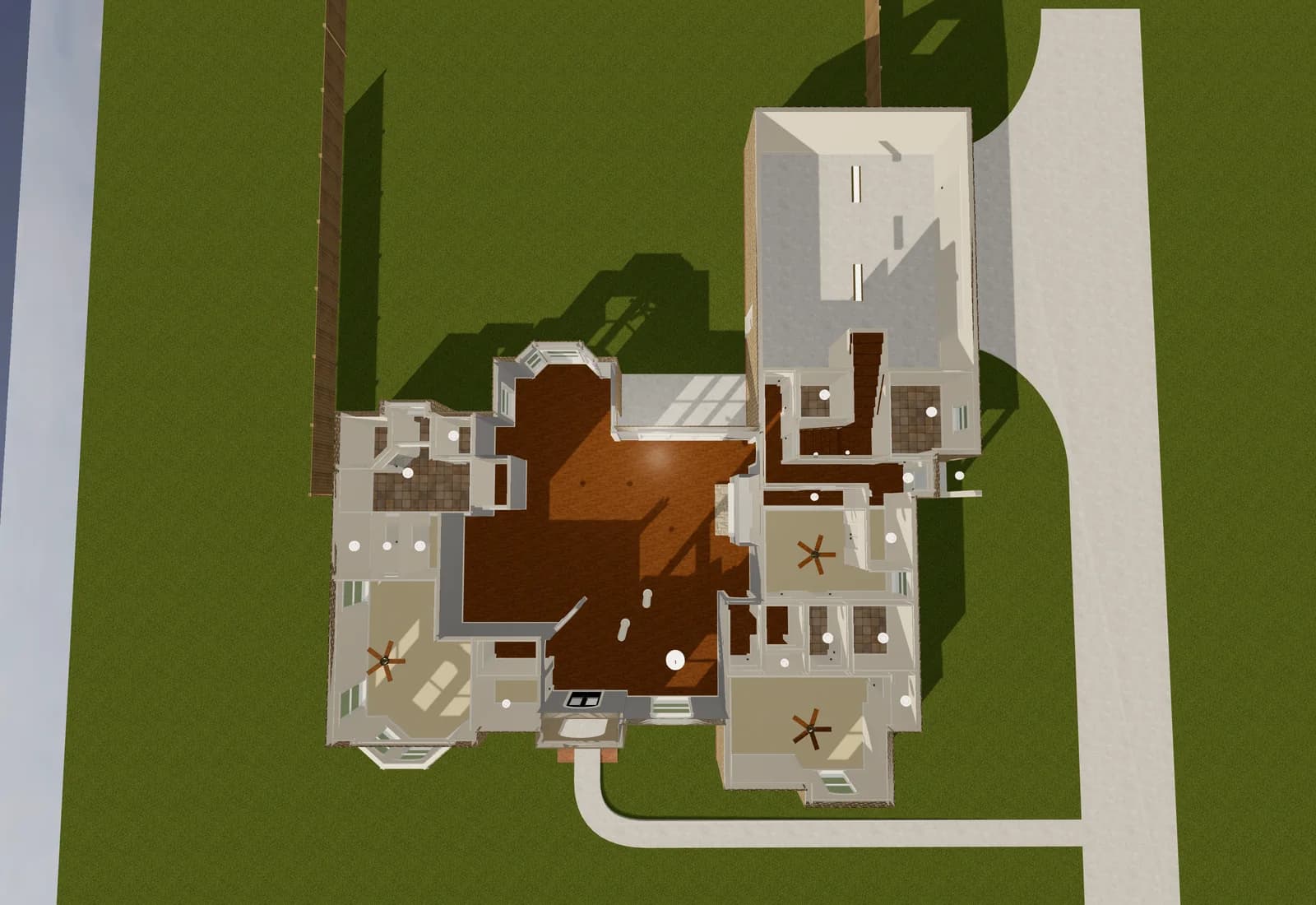 Brick Ranch 002 from directly above with the roof off: the bedrooms, the family room with its fireplace, kitchen and breakfast bay, the dining room, and the three-car garage.