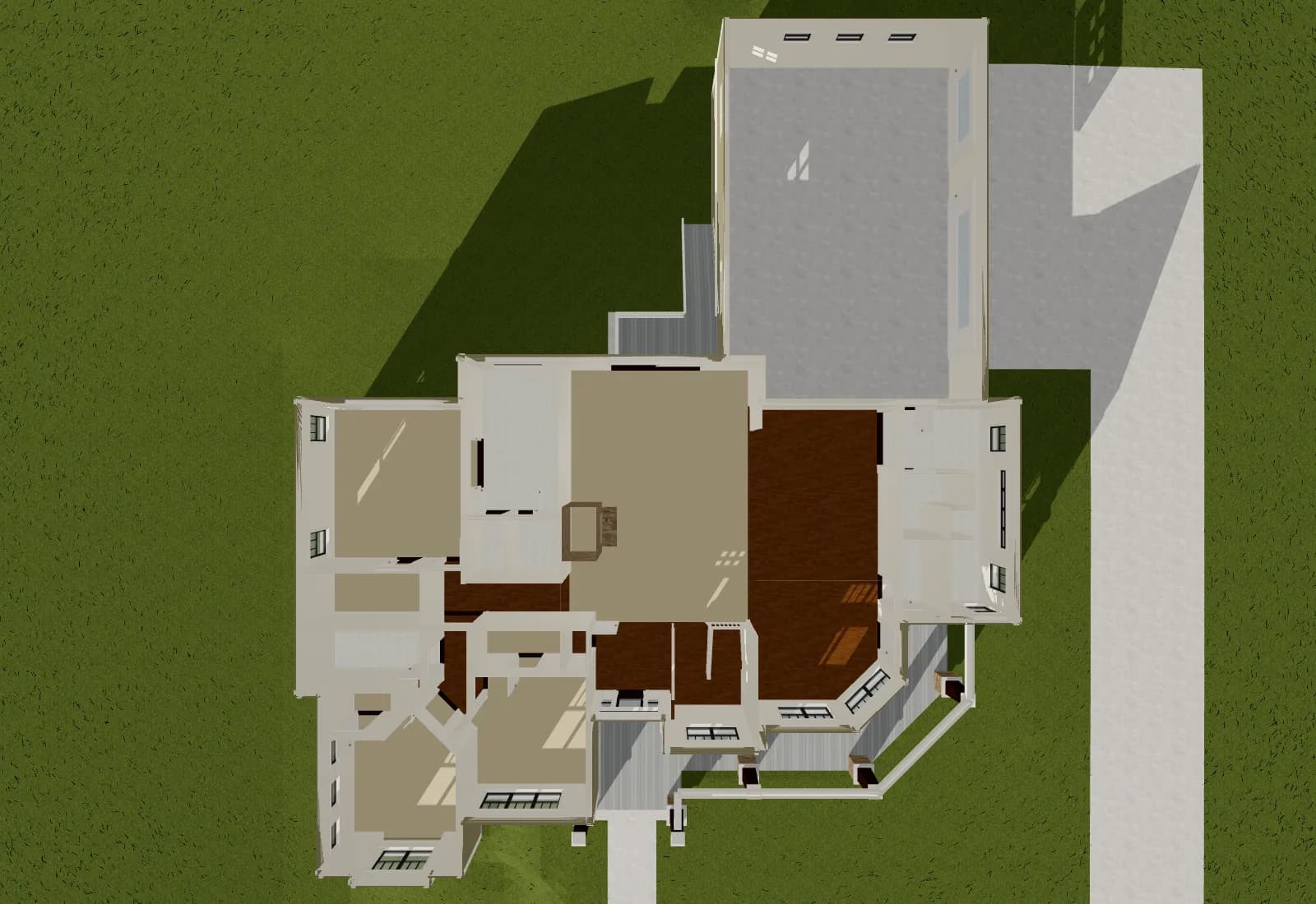 Residential Home 001 from directly above with the roof off: bedrooms, great room with fireplace, kitchen and dining, the three-car garage and the front porch.