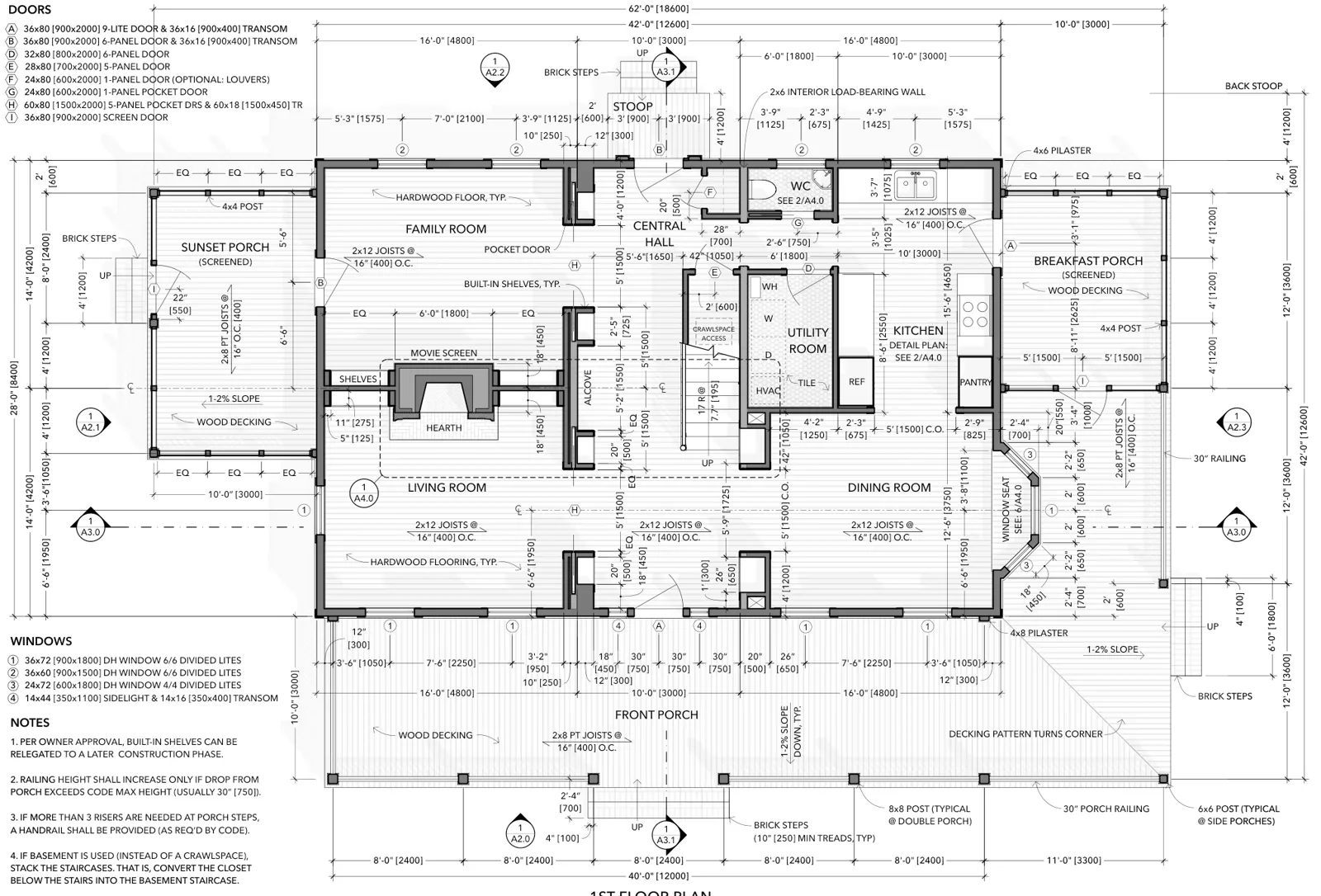The Southern Farmhouse first floor plan: family and living rooms, central hall with stair, WC, utility, kitchen and dining, with sunset and breakfast porches and a deep front porch.