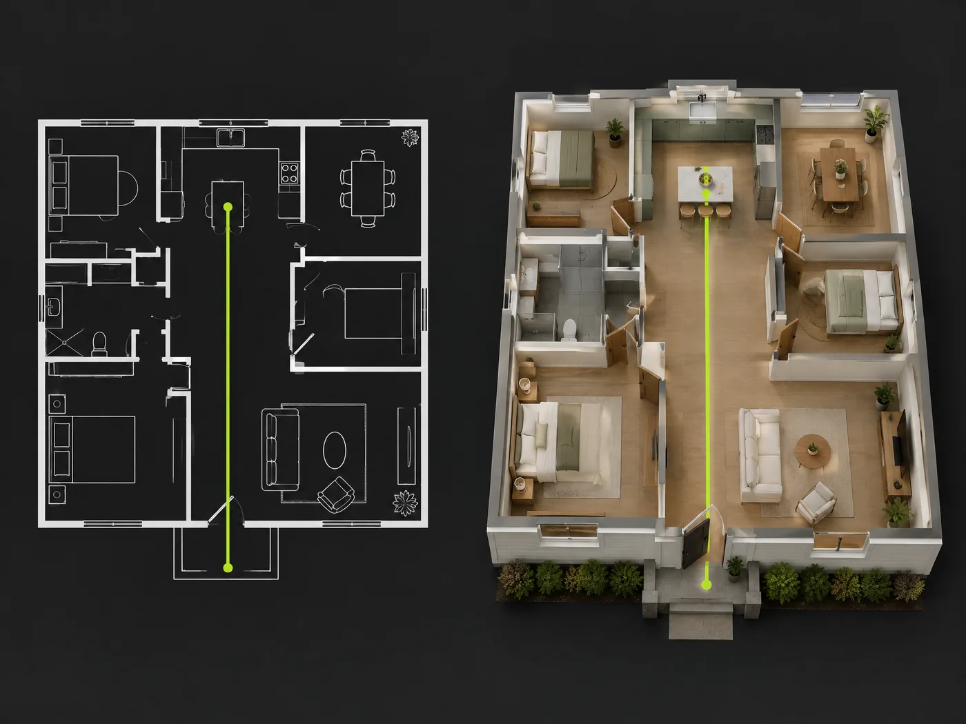 A white line-drawn floor plan on the left and the same single-story home as a furnished 3D cutaway on the right, with a lime line tracing the path from the front door to the kitchen.