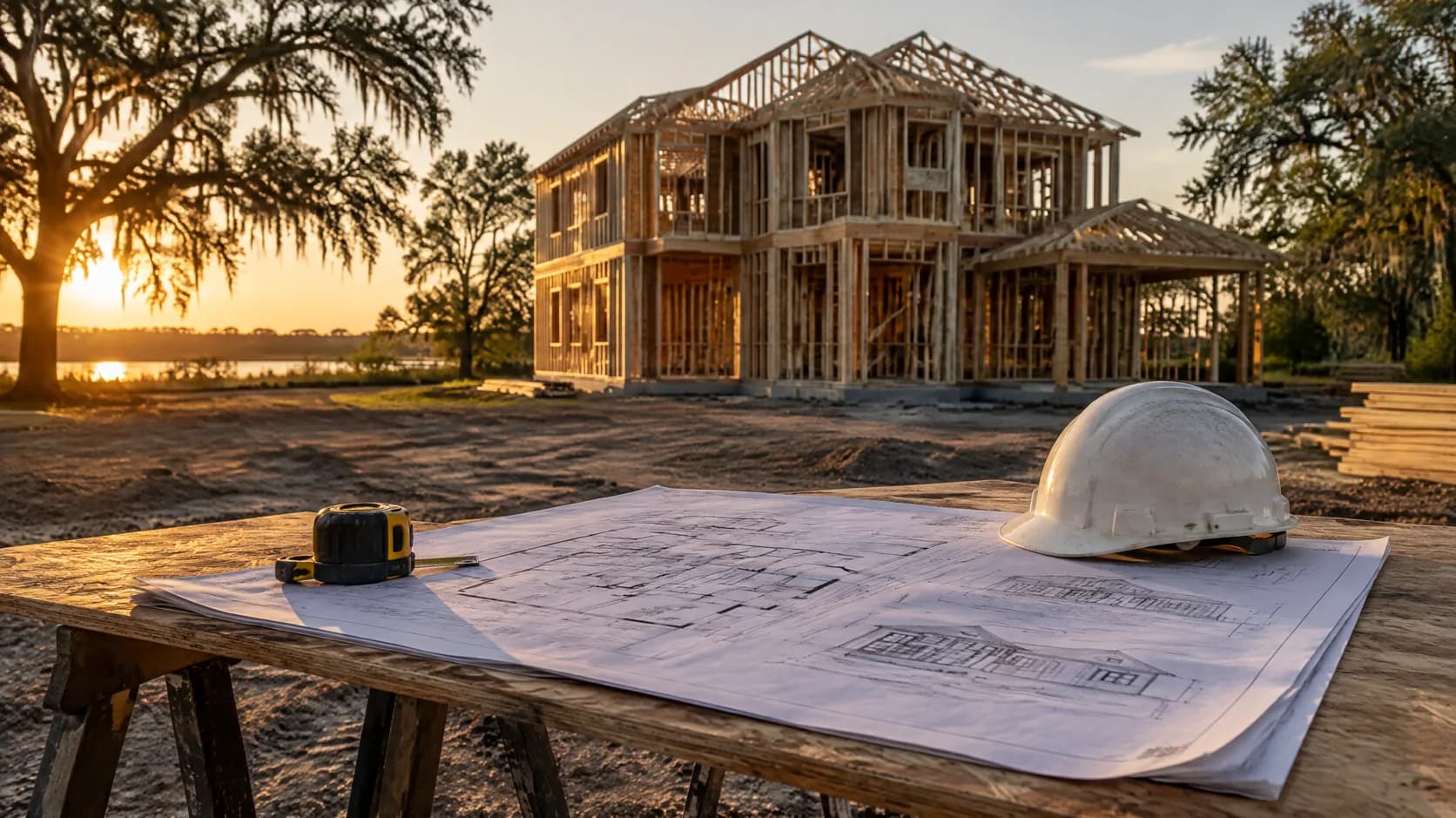 Printed floor plans, a tape measure and a hard hat on a job-site table in front of a two-story house in wood framing at sunset.