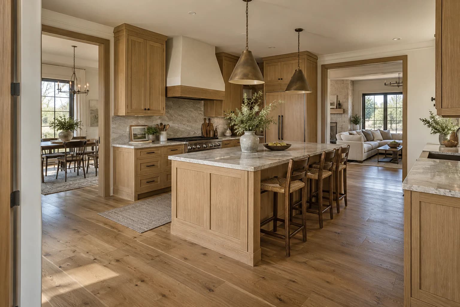 Oak kitchen with a stone island, with the dining room visible through one opening and the living room through another.