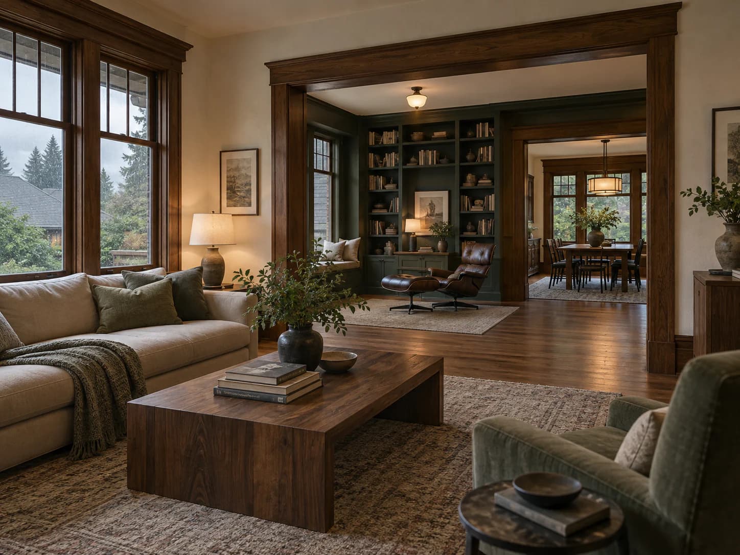 Craftsman living room opening through wide wood-trimmed doorways to a library nook and a dining room beyond.