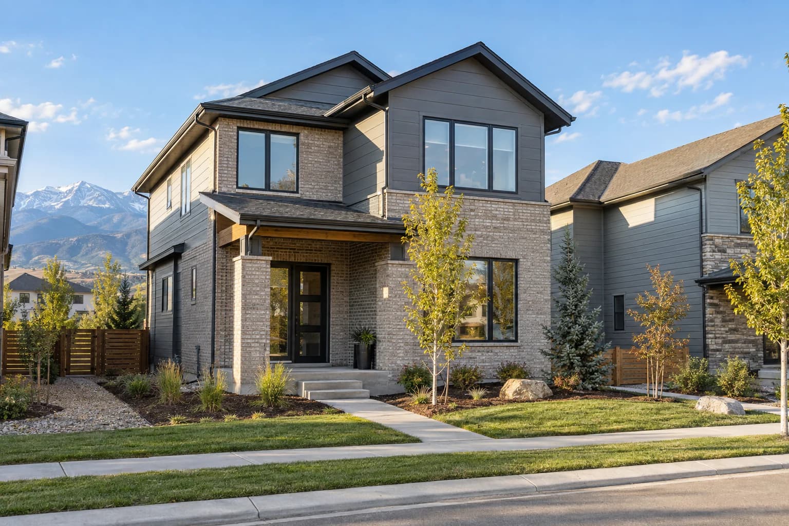 Newly built two-story home of brick and gray siding in a development, with young trees and mountains behind.