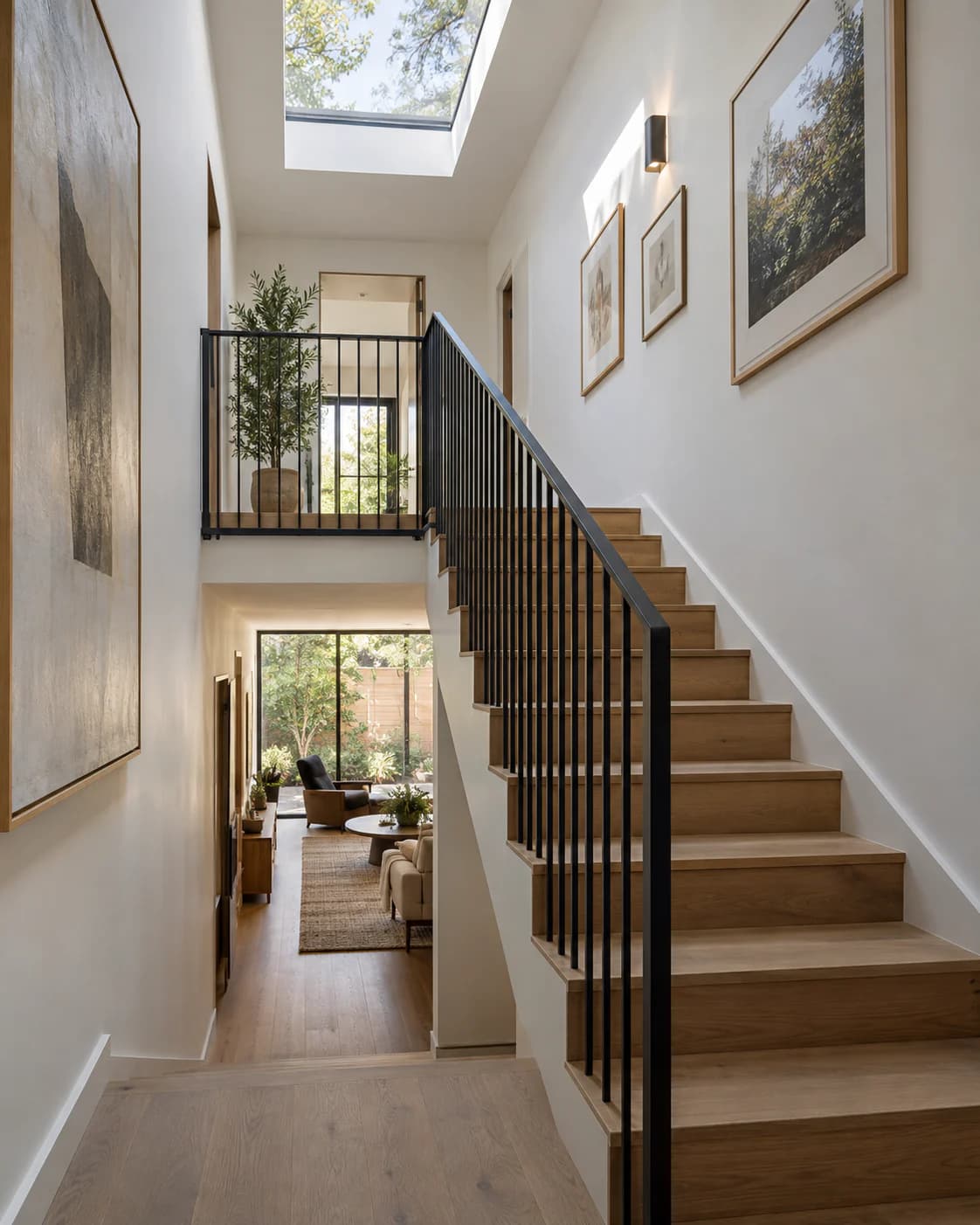 Narrow rowhouse stair of oak treads and a black steel rail rising to a skylit landing, with a living room visible below.