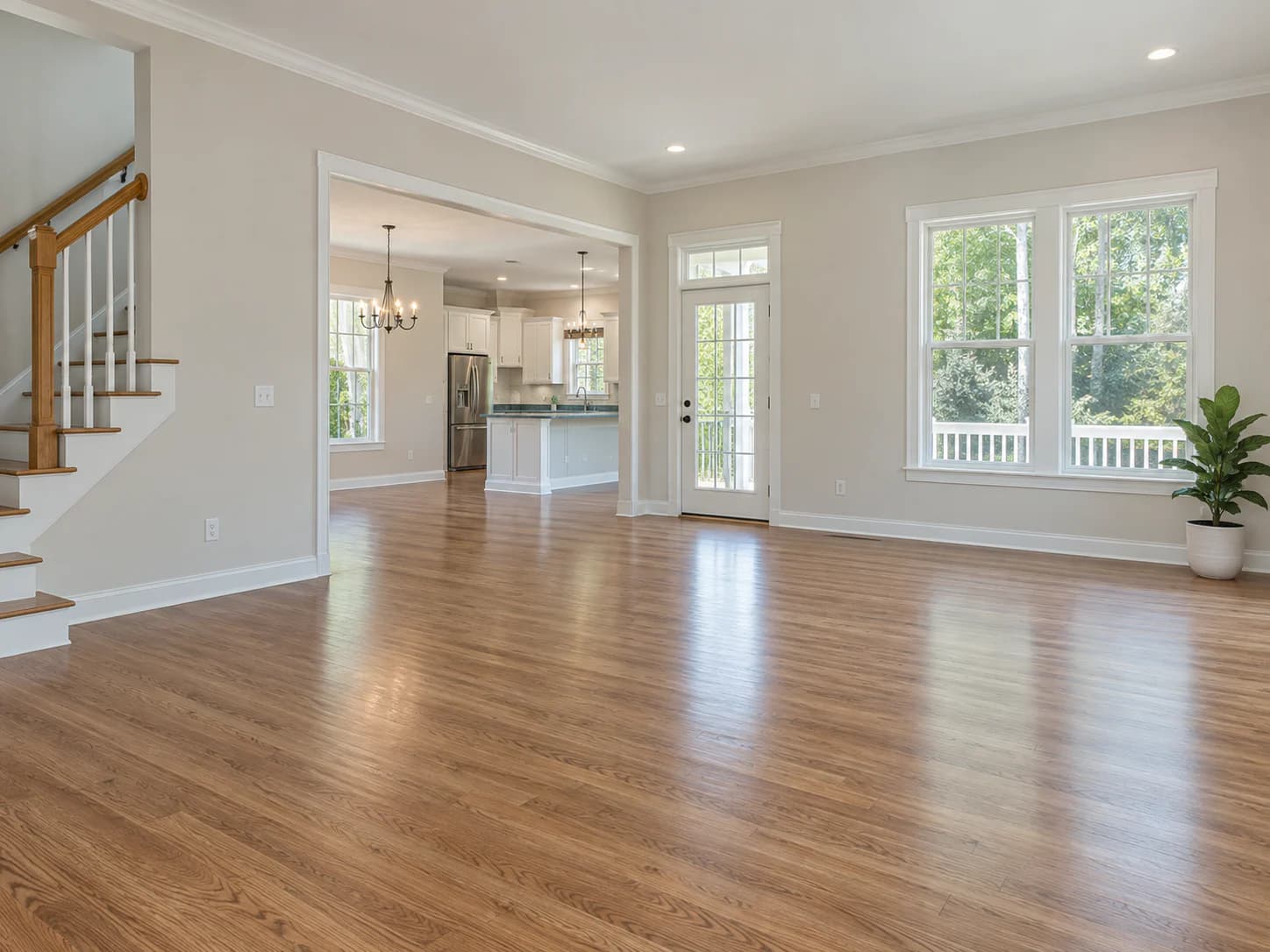 Empty, freshly prepared living room with hardwood floors, a staircase at left, and an opening through to the kitchen.