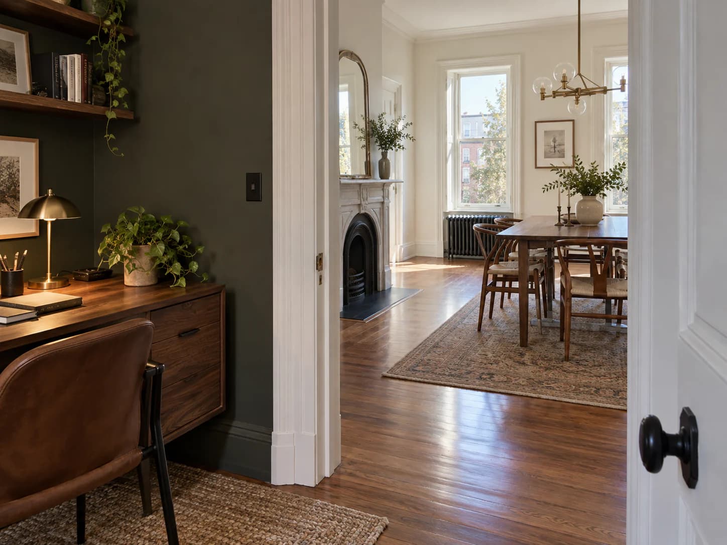 View from a small home office through an open doorway into a sunlit dining room with a fireplace.