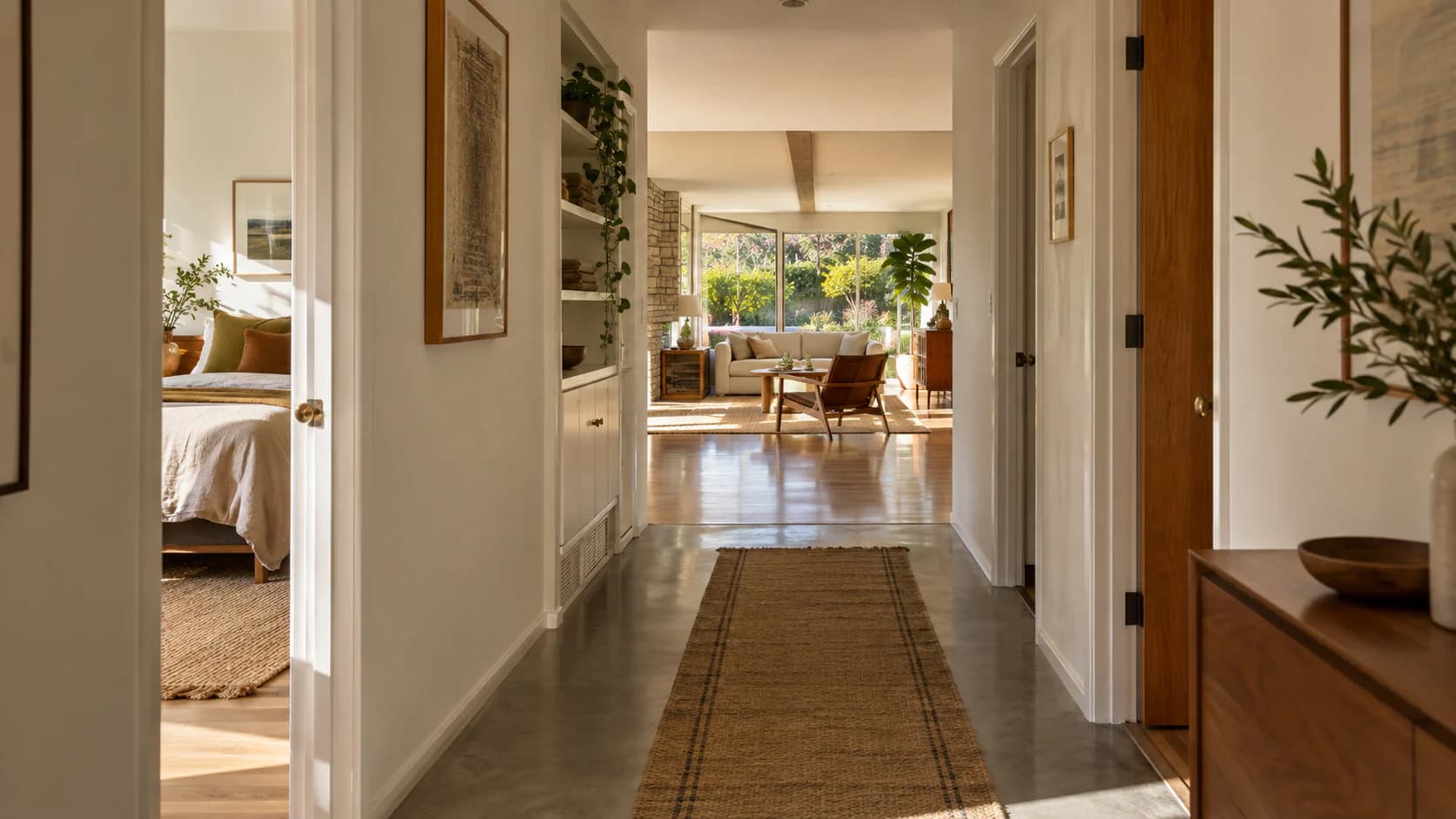View down a hallway past an open bedroom door toward a bright living room with garden windows.