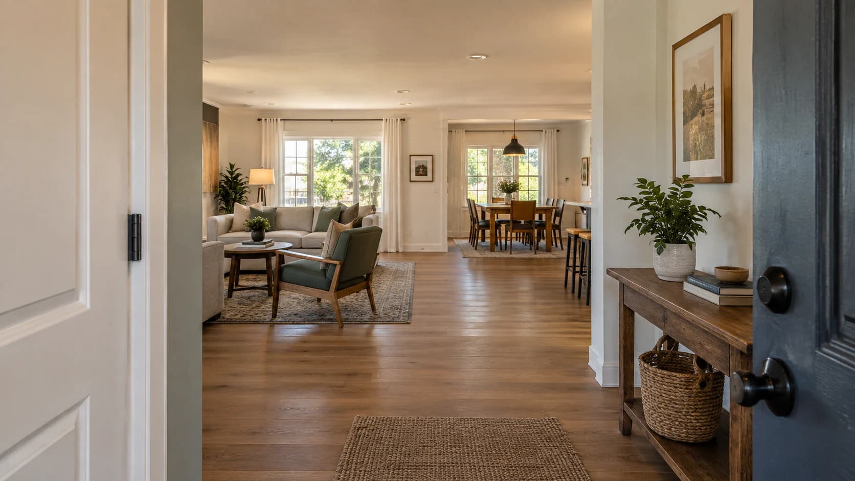 Standing view from a front entry into an open living room, with the dining area and kitchen stools beyond.