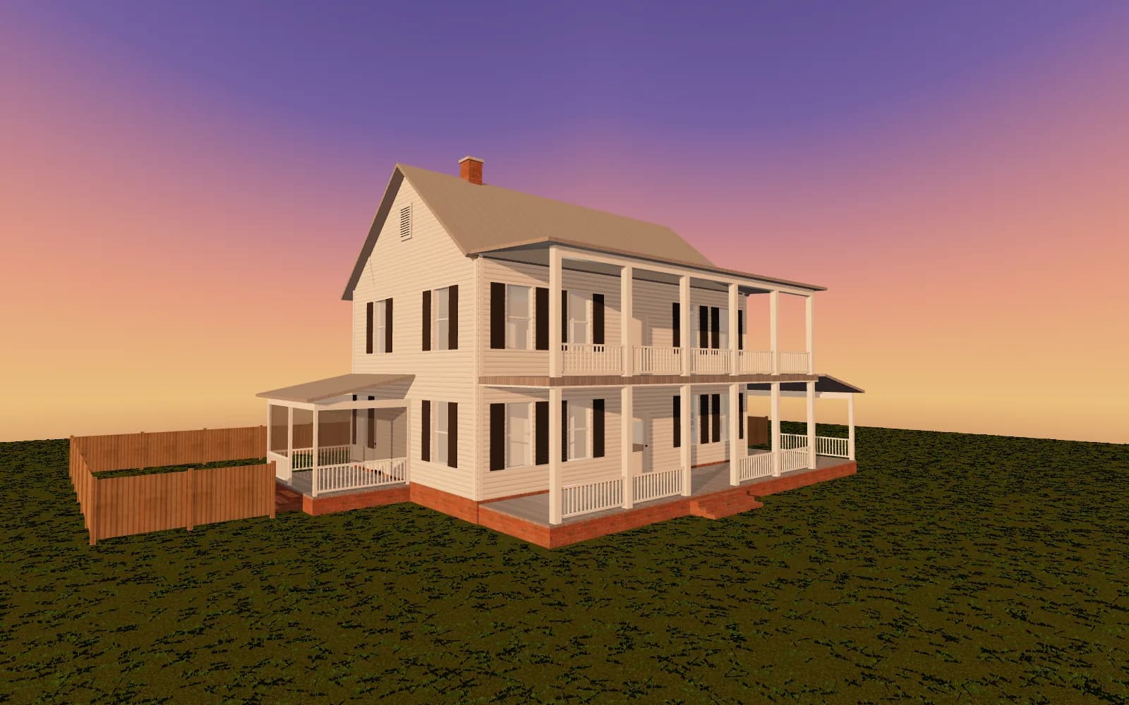 The Southern Farmhouse model from its front corner at sunset: the two-story front gallery, clapboard siding, black shutters, brick piers, the metal roof and a screened side porch.