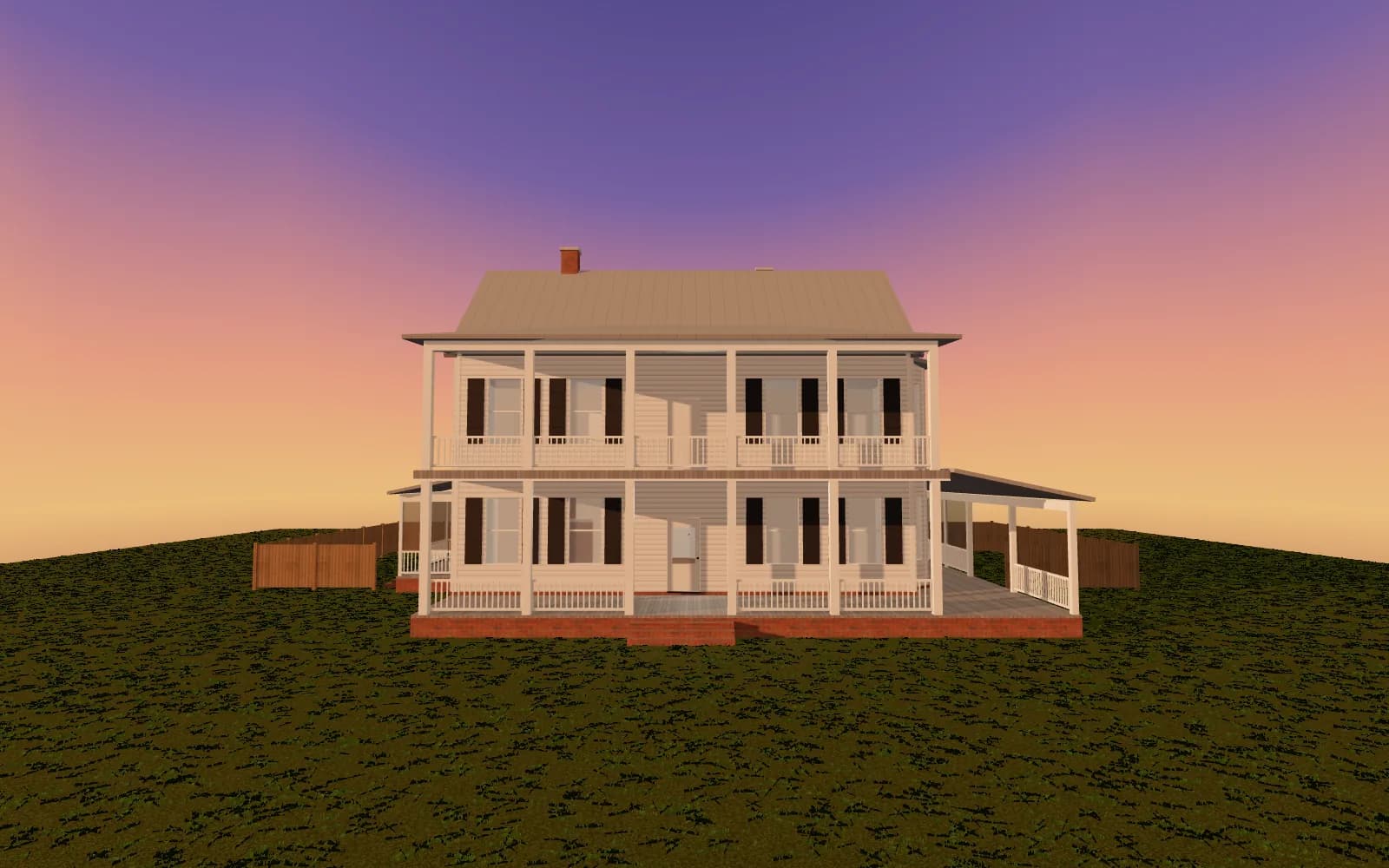 The Southern Farmhouse straight on, as in its front elevation: the two-story front gallery, black shutters, the metal roof and the brick base.