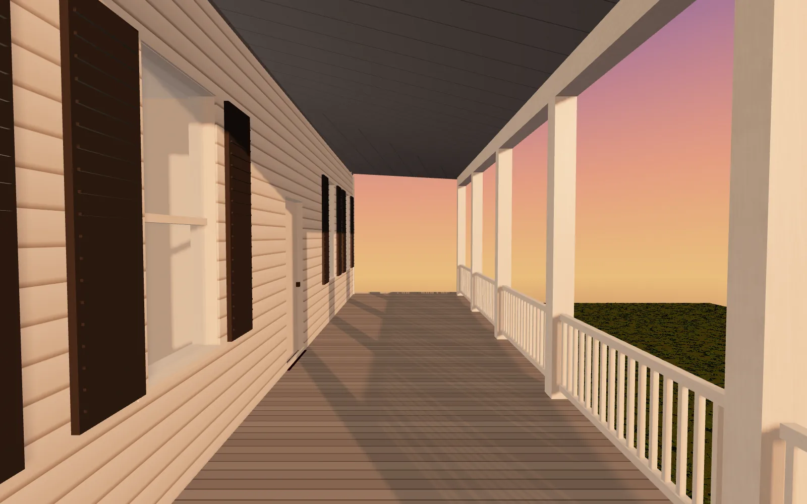 The Southern Farmhouse's upper front gallery at eye height: clapboard and black shutters on the left, white posts and railings on the right, the sky at sunset beyond.