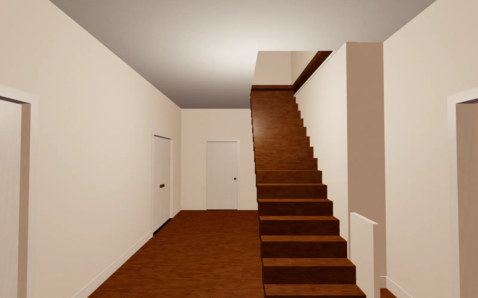 The Southern Farmhouse's central hall at eye height: wood floors, the straight stair rising on the right and doors along both walls.