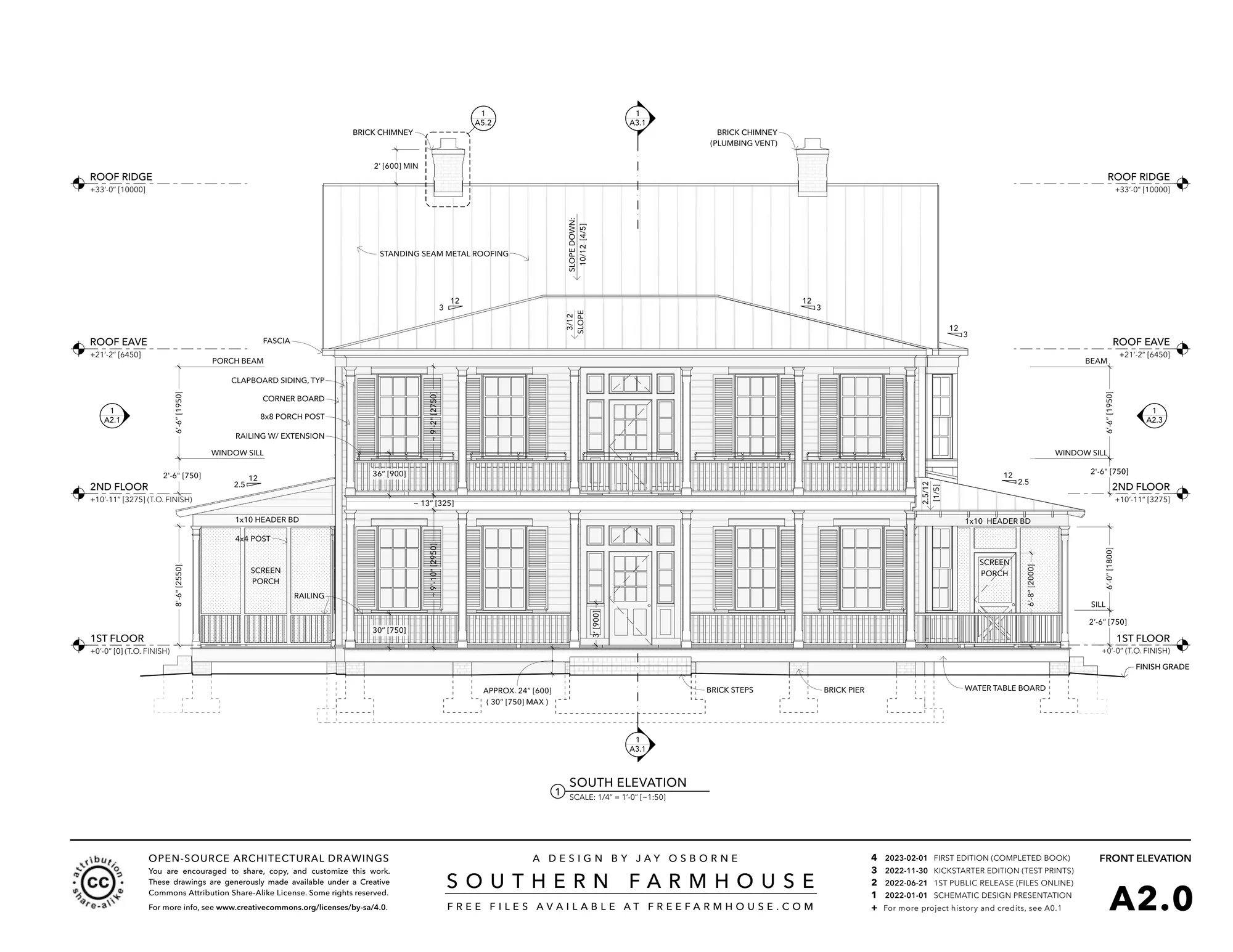 Sheet A2.0 of the Southern Farmhouse drawing set, the south (front) elevation: the two-story gallery, clapboard siding, standing-seam metal roof, brick piers and chimneys, with floor, eave and ridge heights noted.