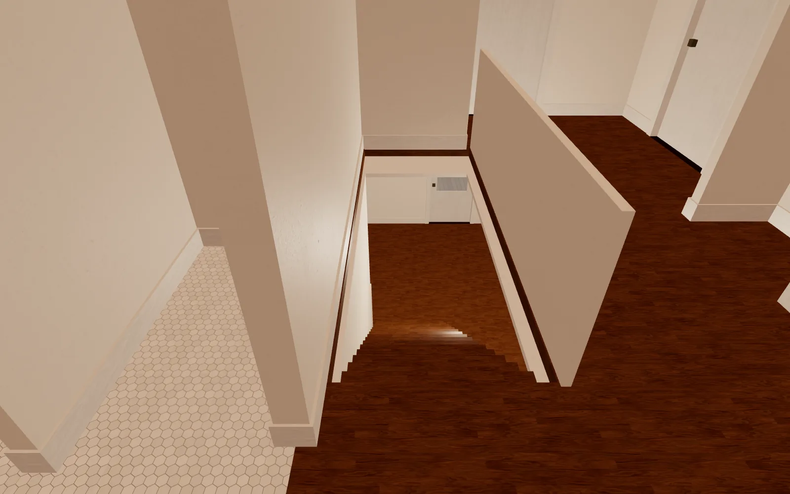 Looking down the Southern Farmhouse stair from the upstairs hall, with a hexagon-tiled floor to one side.